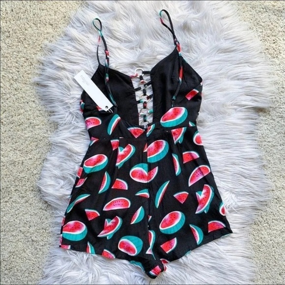 LF Millau Watermelon Pattern Romper Tank Strap Shorts Silver Metal Ring Cutouts - Picture 8 of 10
